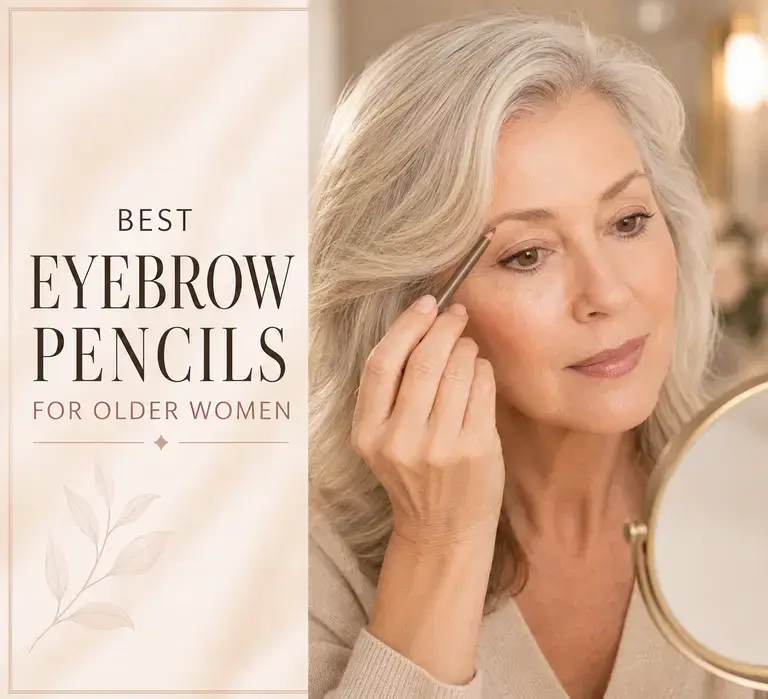 Silver-haired older woman applying eyebrow pencil beside the words Best Eyebrow Pencils for Older Women
